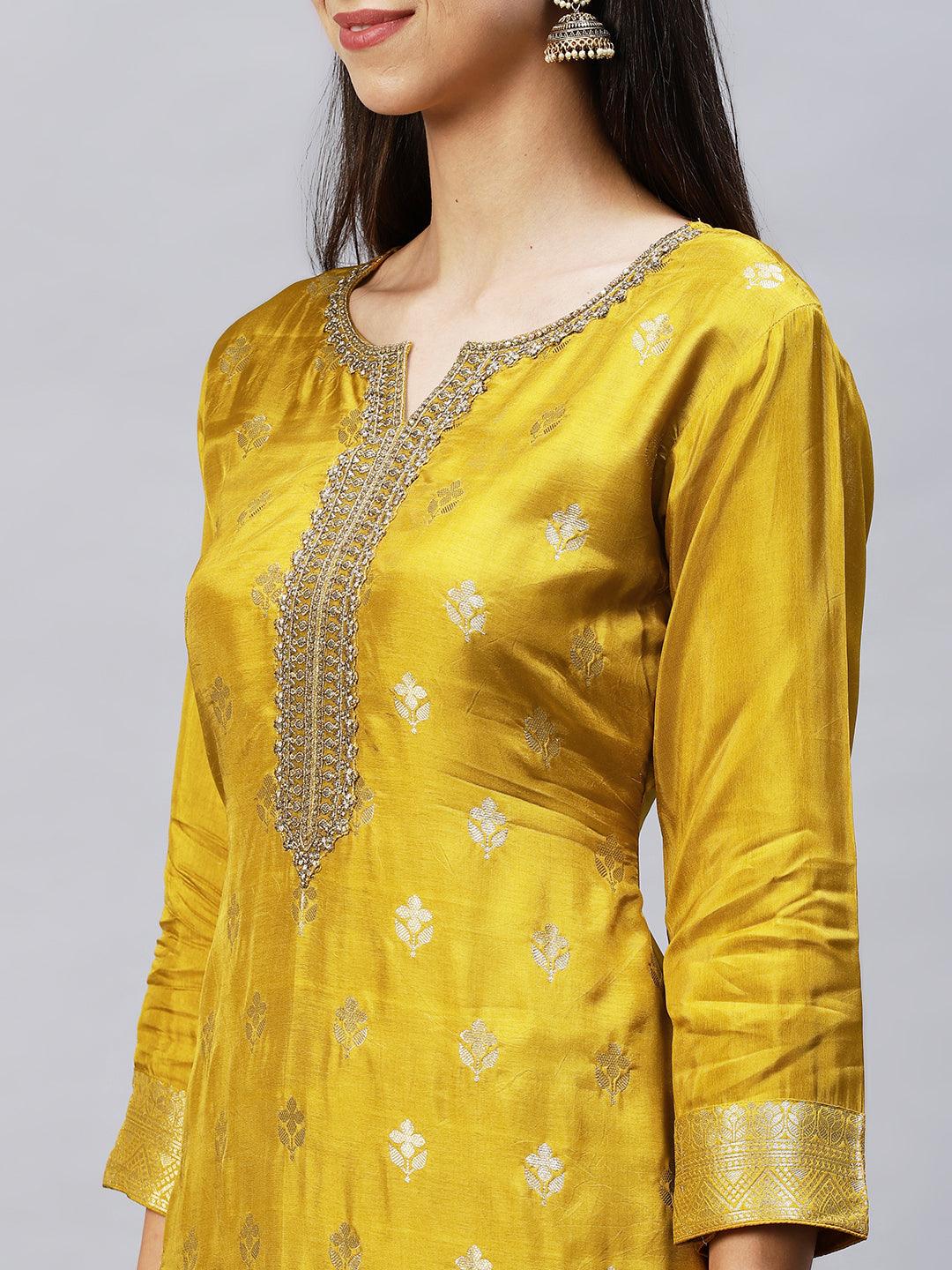 Ethnic Woven & Embroidered Straight Kurta with Pants & Dupatta - Mustard - Indiakreations