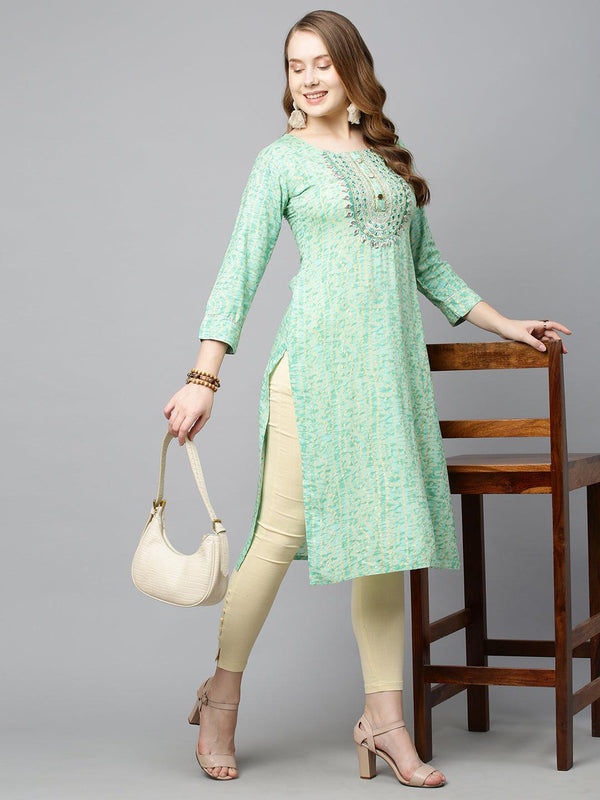 Bandhani Printed & Embroidered Straight Fit Kurta - Light Green - Indiakreations