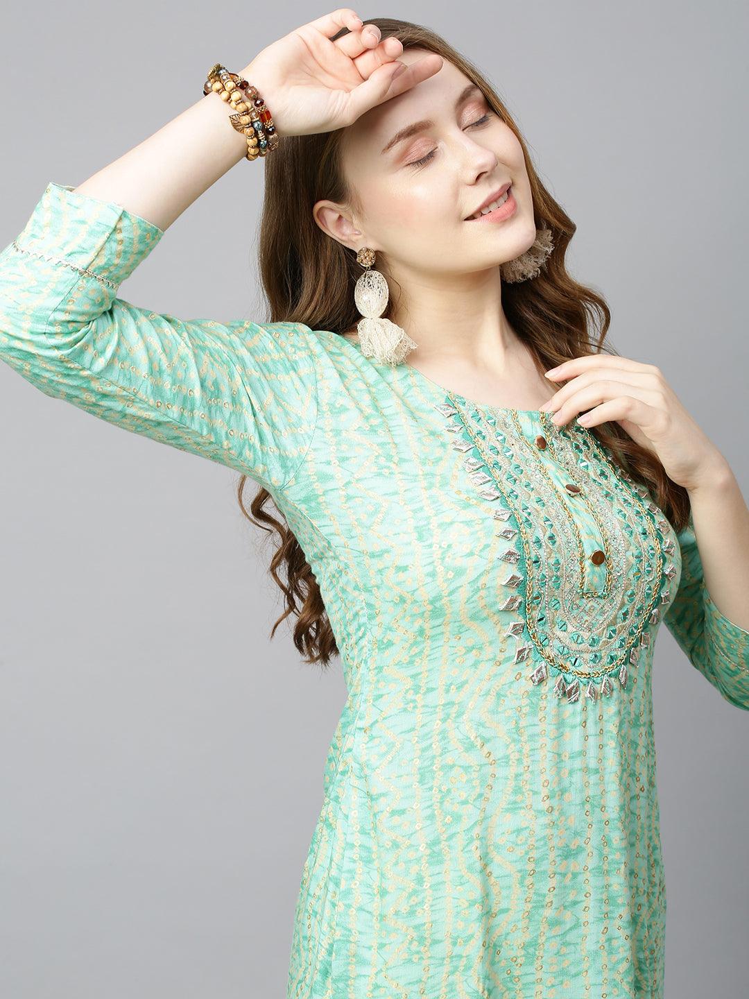 Bandhani Printed & Embroidered Straight Fit Kurta - Light Green - Indiakreations