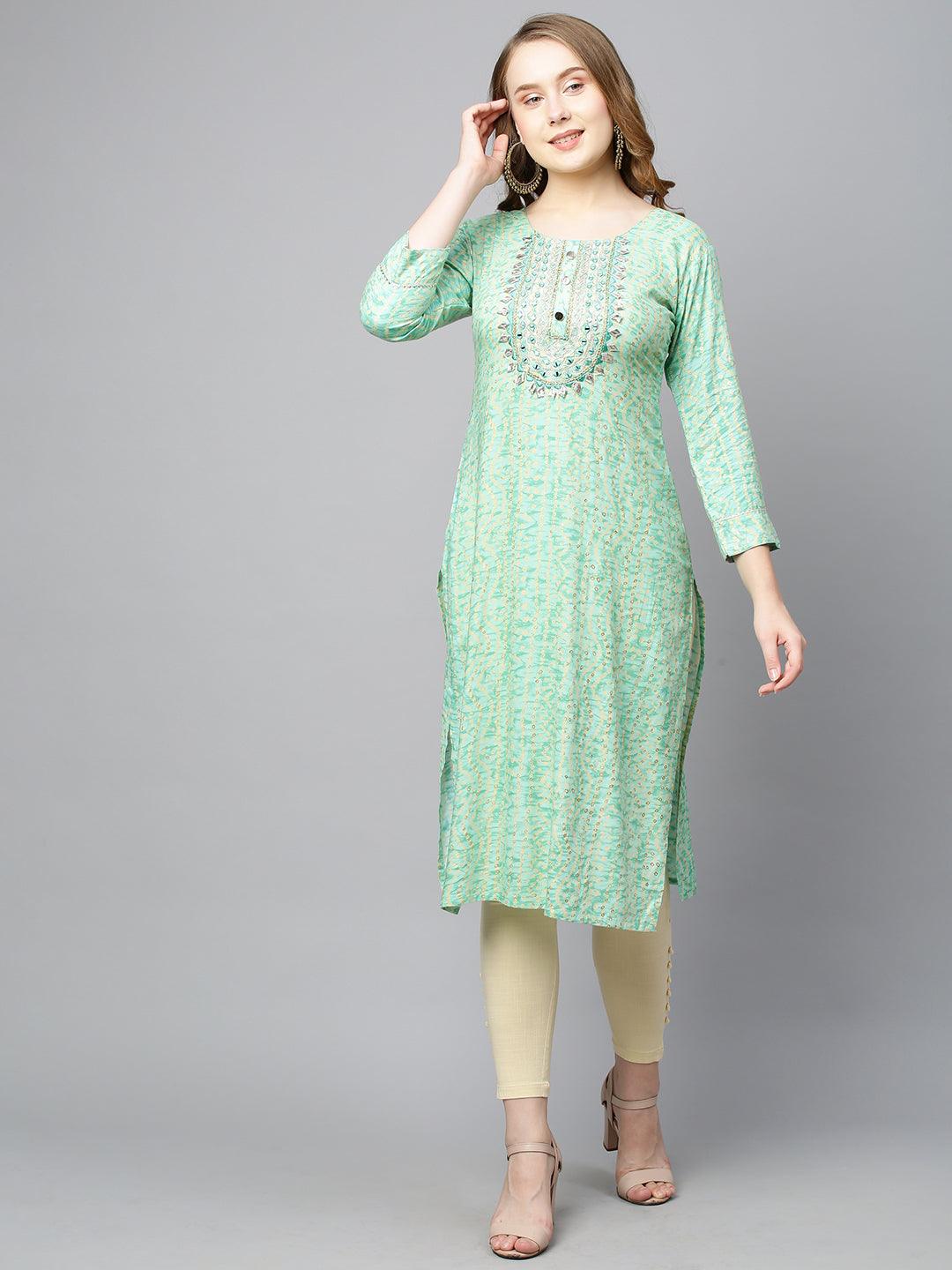 Bandhani Printed & Embroidered Straight Fit Kurta - Light Green - Indiakreations