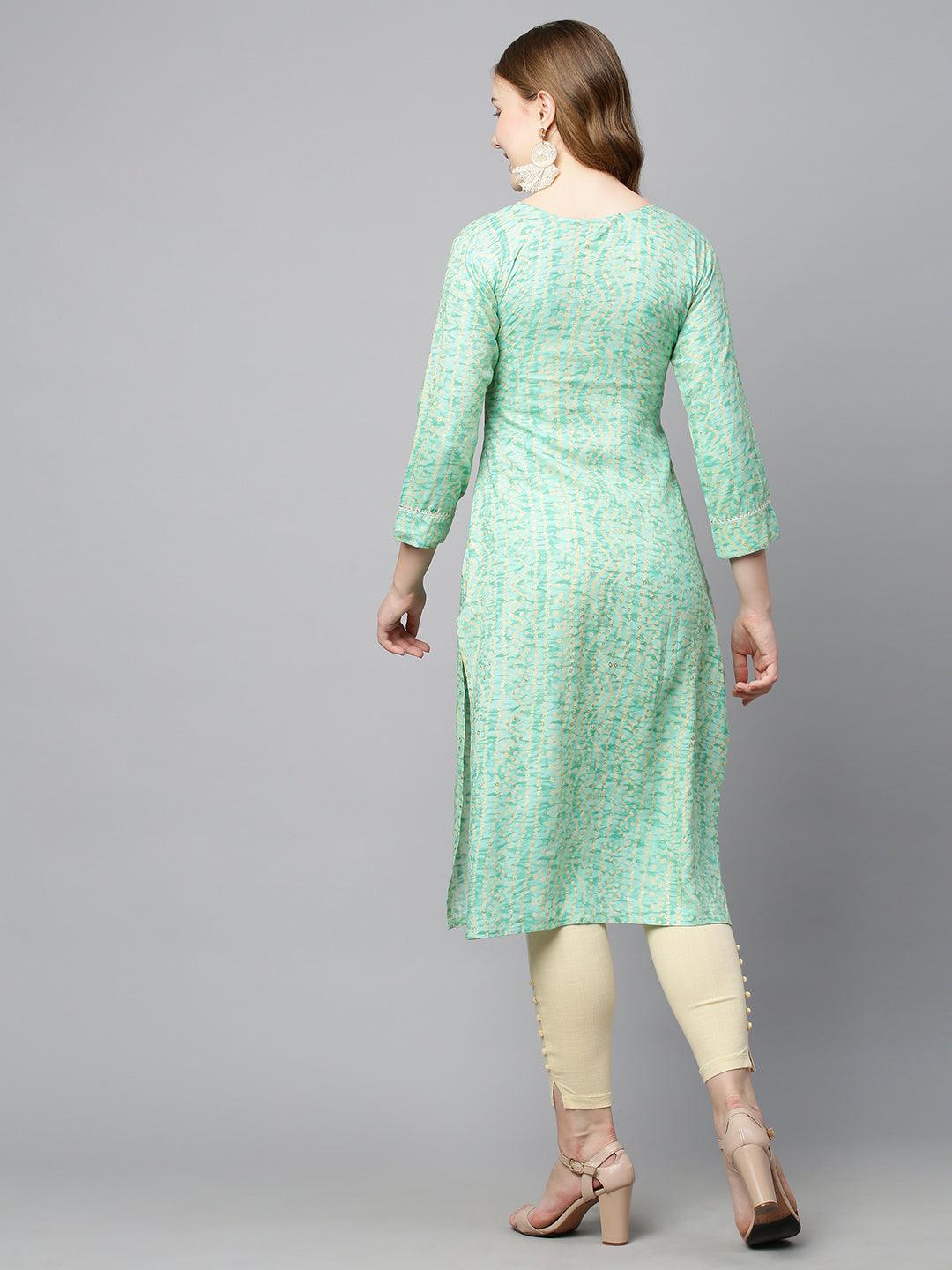 Bandhani Printed & Embroidered Straight Fit Kurta - Light Green - Indiakreations