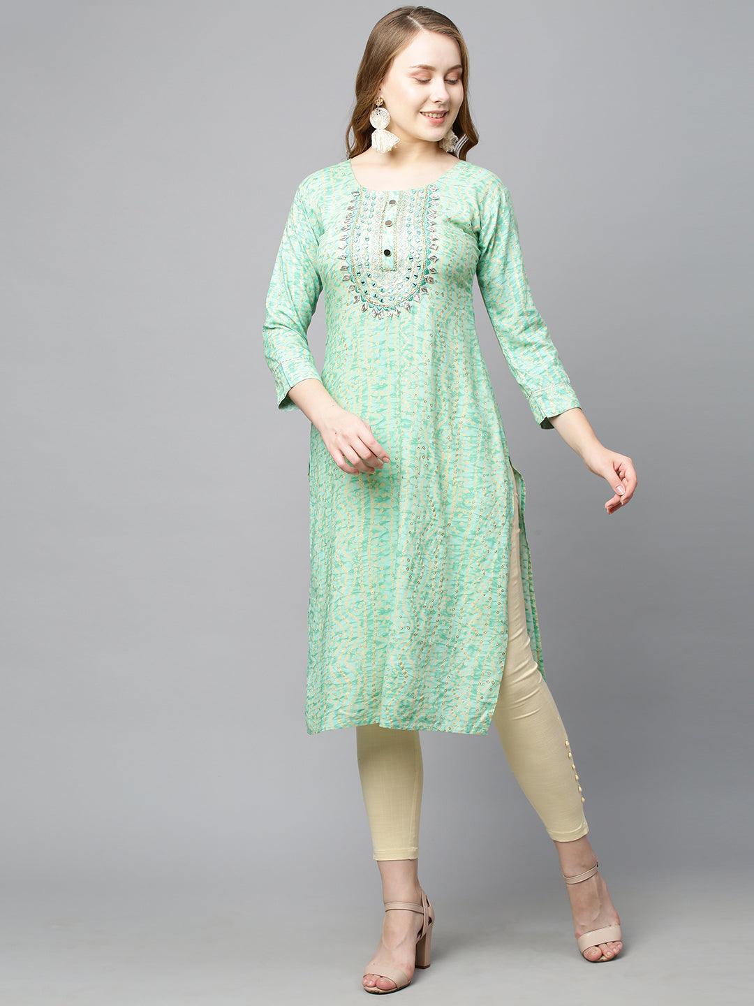 Bandhani Printed & Embroidered Straight Fit Kurta - Light Green - Indiakreations