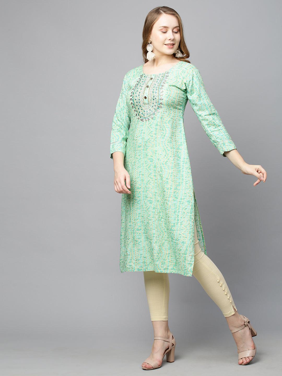 Bandhani Printed & Embroidered Straight Fit Kurta - Light Green - Indiakreations