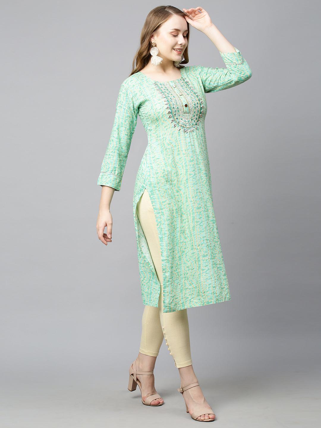 Bandhani Printed & Embroidered Straight Fit Kurta - Light Green - Indiakreations