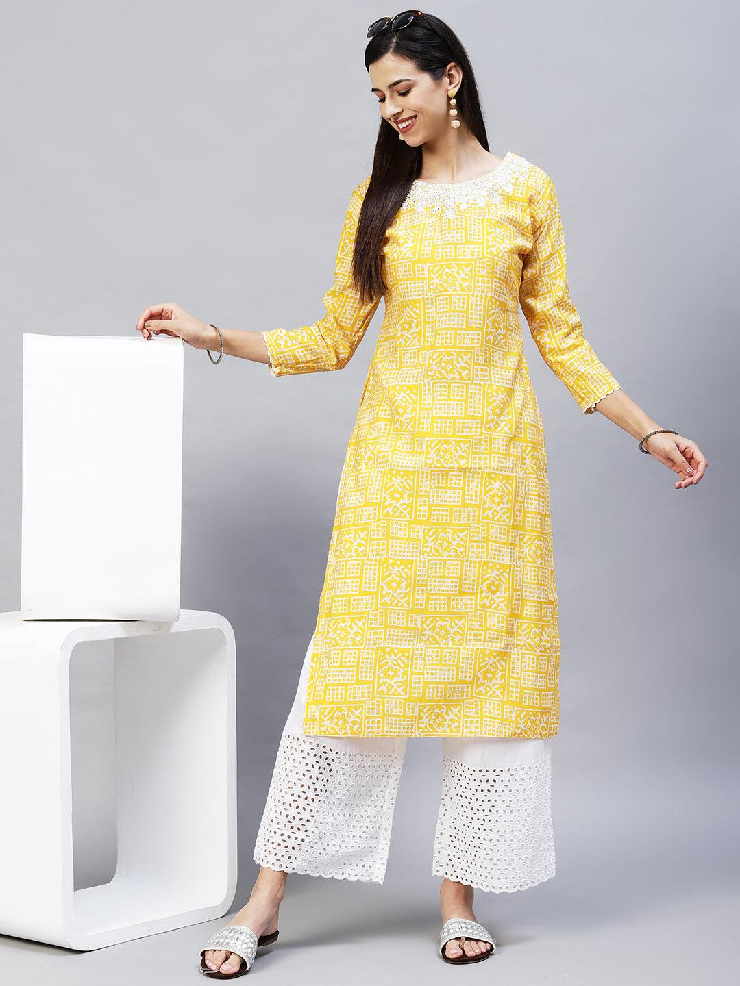 Ethnic Printed & Embroidered Straight Fit Kurta - Yellow - Indiakreations