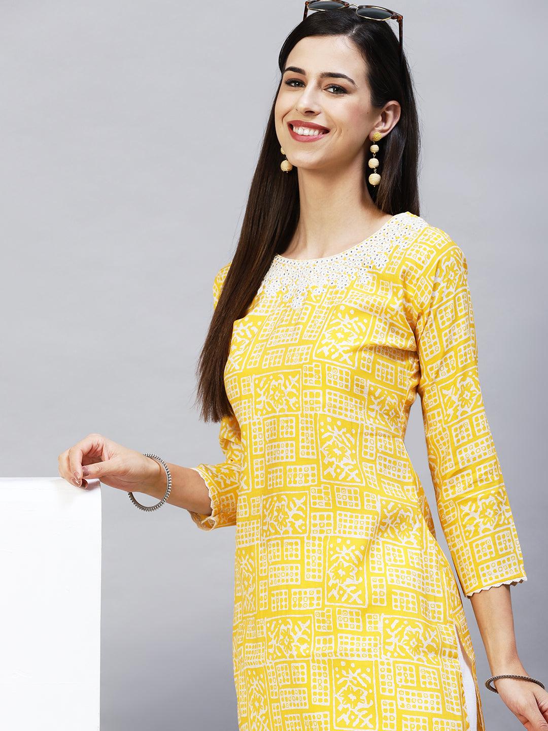 Ethnic Printed & Embroidered Straight Fit Kurta - Yellow - Indiakreations