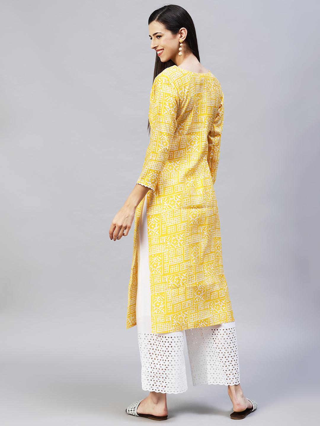 Ethnic Printed & Embroidered Straight Fit Kurta - Yellow - Indiakreations