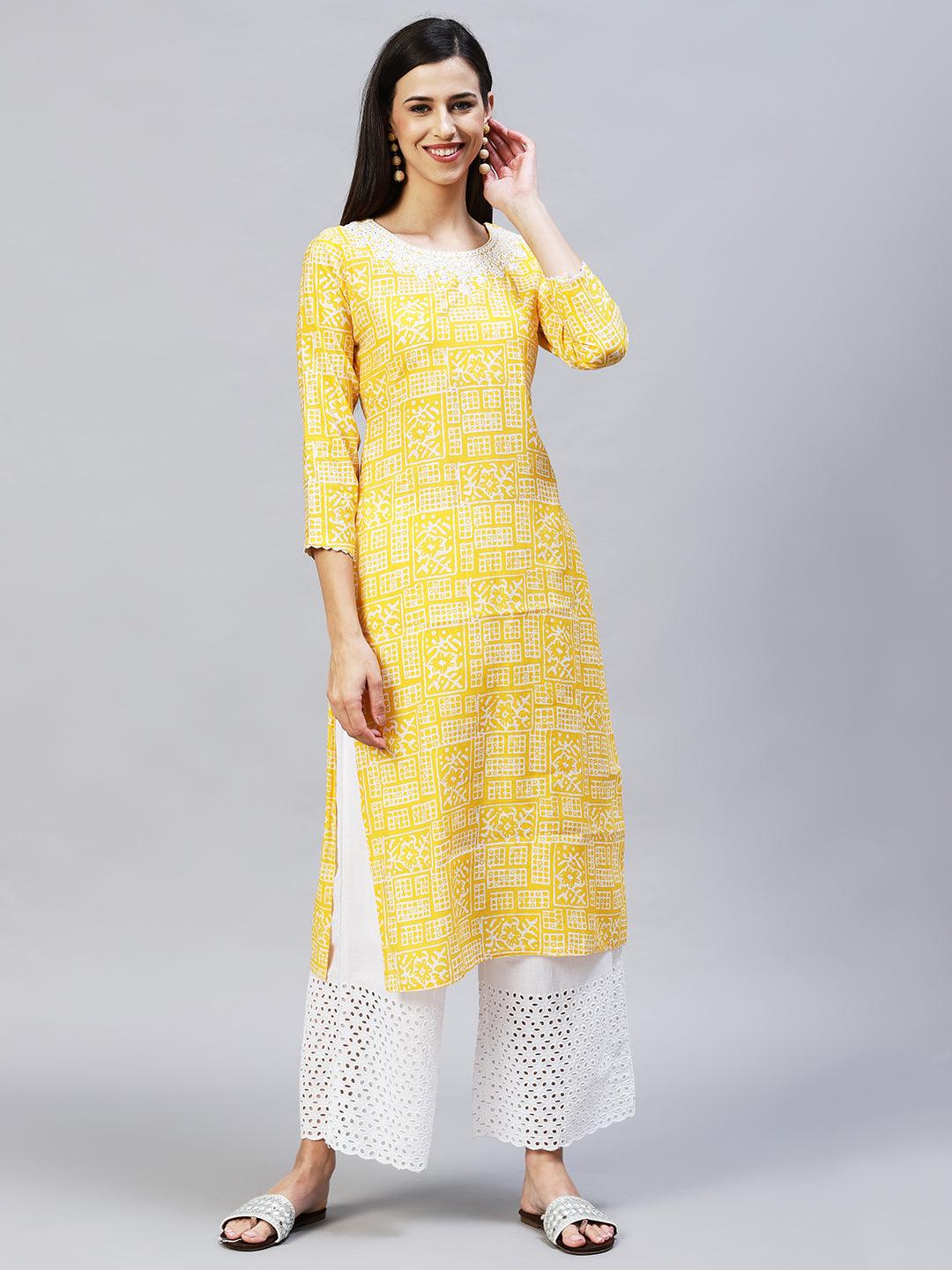 Ethnic Printed & Embroidered Straight Fit Kurta - Yellow - Indiakreations