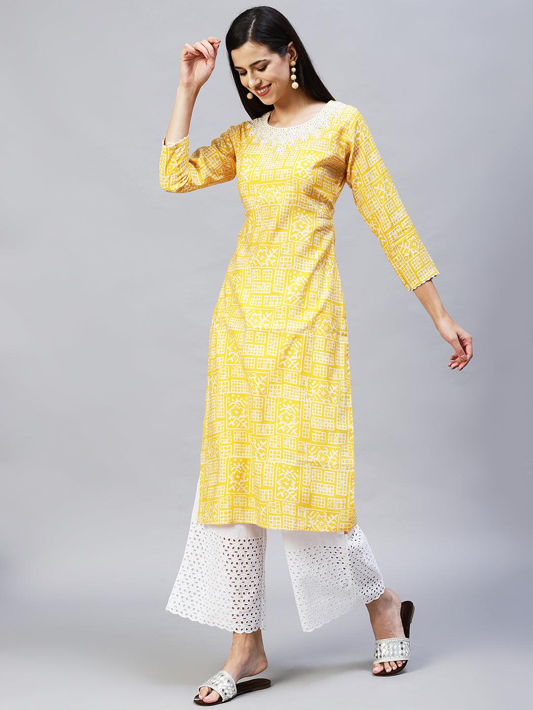 Ethnic Printed & Embroidered Straight Fit Kurta - Yellow - Indiakreations