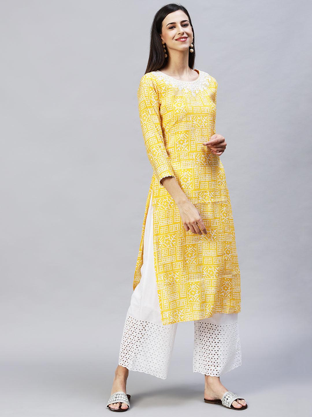 Ethnic Printed & Embroidered Straight Fit Kurta - Yellow - Indiakreations