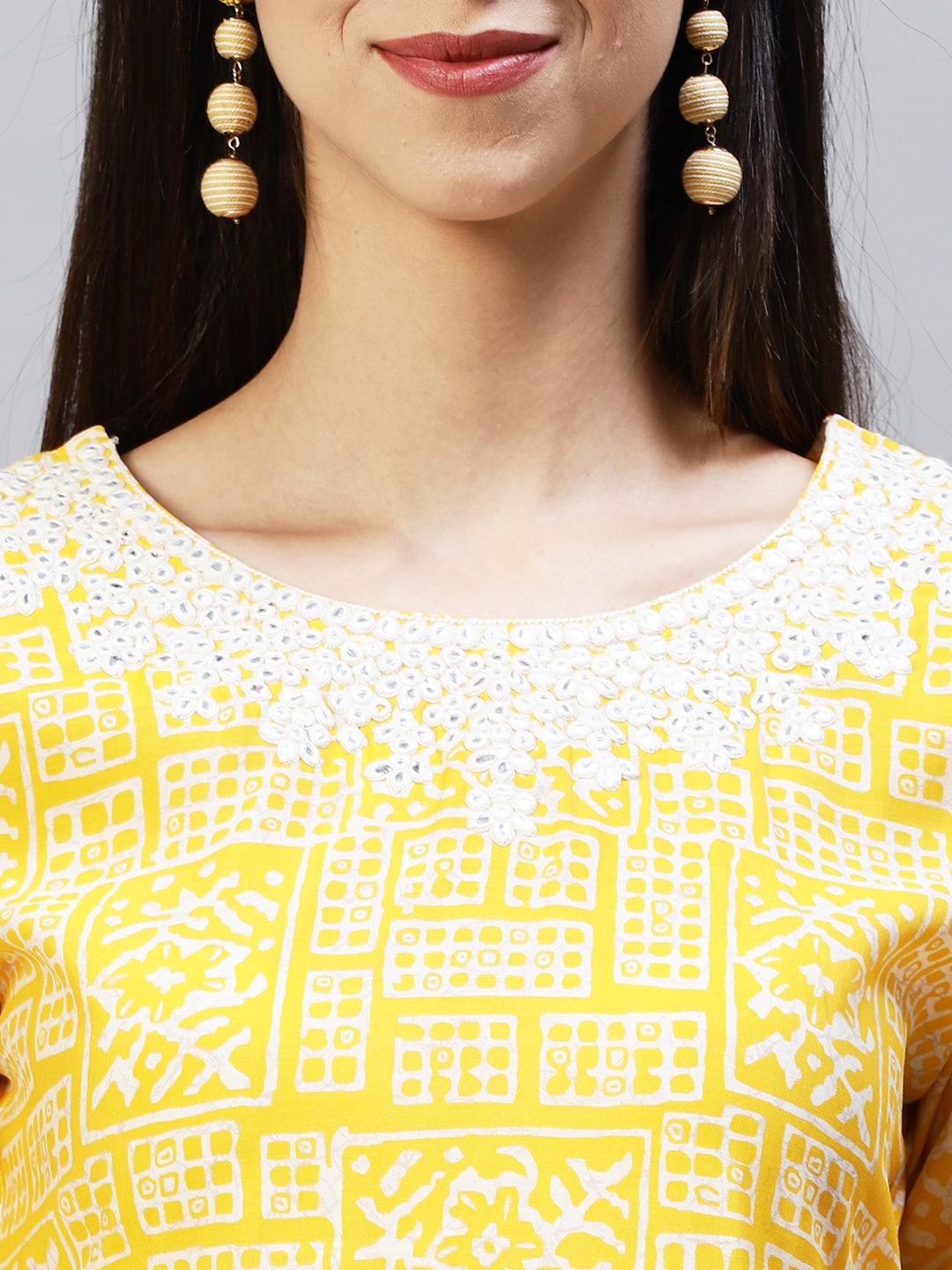 Ethnic Printed & Embroidered Straight Fit Kurta - Yellow - Indiakreations