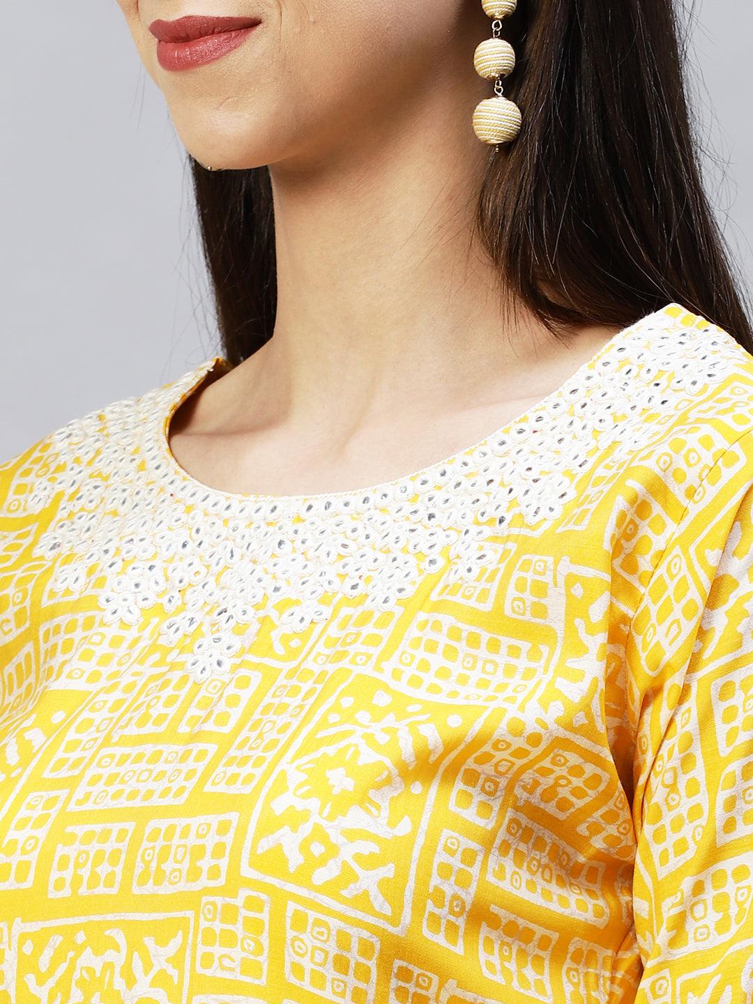 Ethnic Printed & Embroidered Straight Fit Kurta - Yellow - Indiakreations