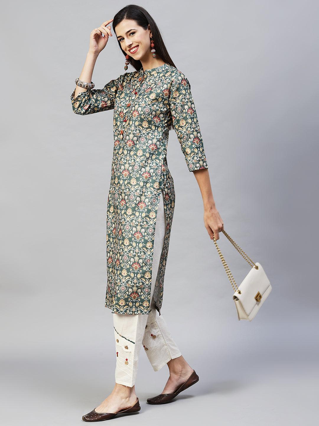 Ethnic Printed Straight Fit Kurta with Pants – Dark Green - Indiakreations