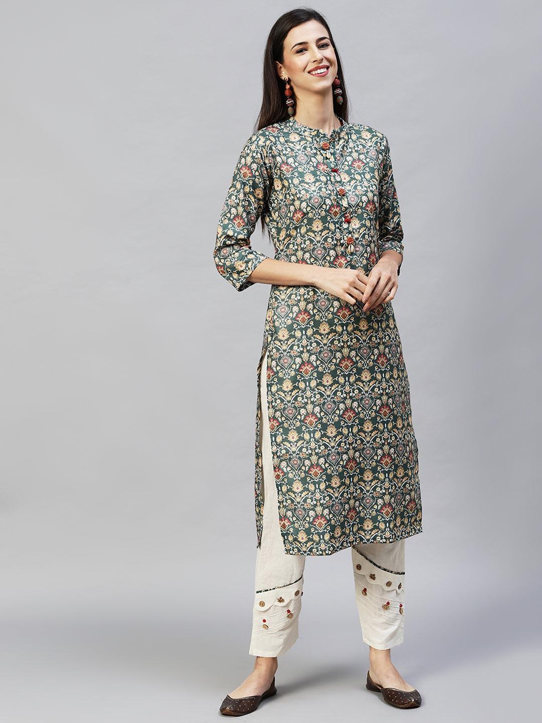 Ethnic Printed Straight Fit Kurta with Pants – Dark Green - Indiakreations