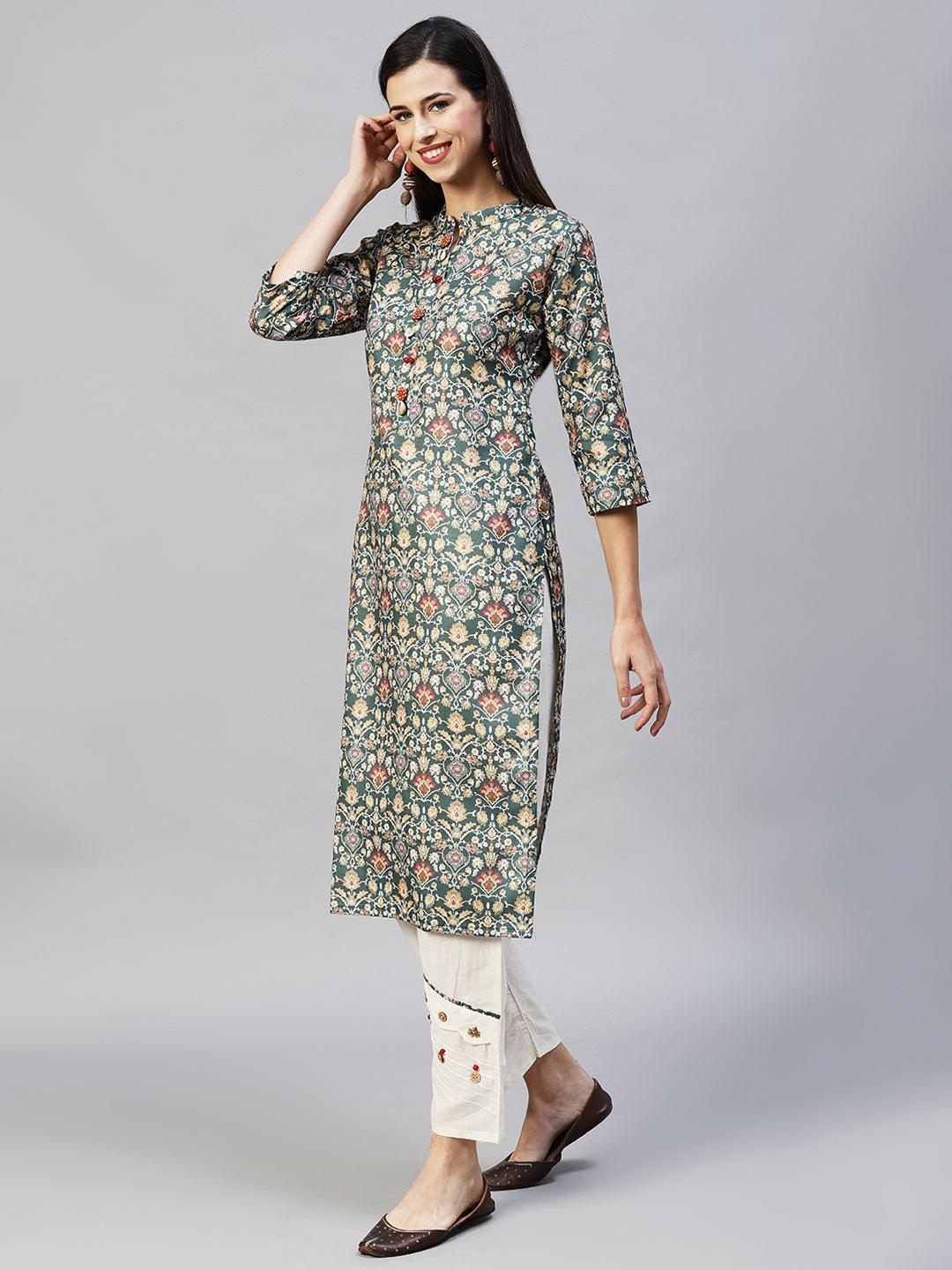 Ethnic Printed Straight Fit Kurta with Pants – Dark Green - Indiakreations