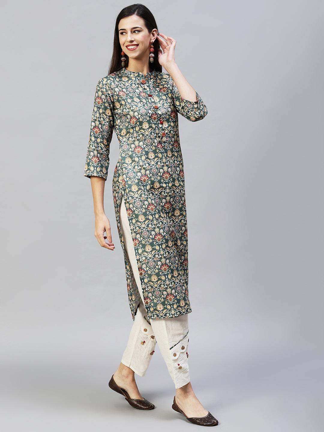 Ethnic Printed Straight Fit Kurta with Pants – Dark Green - Indiakreations