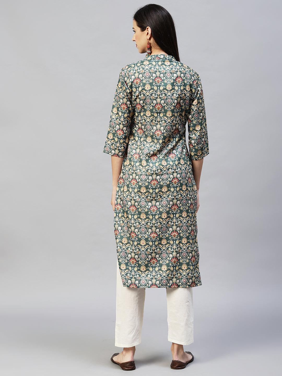 Ethnic Printed Straight Fit Kurta with Pants – Dark Green - Indiakreations