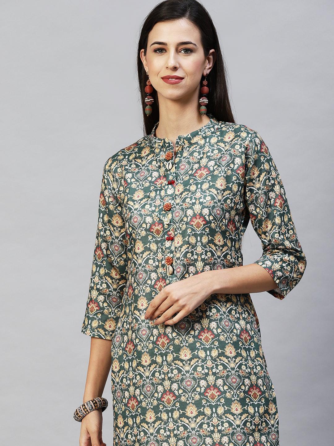 Ethnic Printed Straight Fit Kurta with Pants – Dark Green - Indiakreations