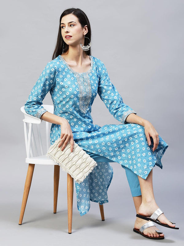 Ethnic Printed & Embroidered Straight Kurta with Pants - Light Blue - Indiakreations