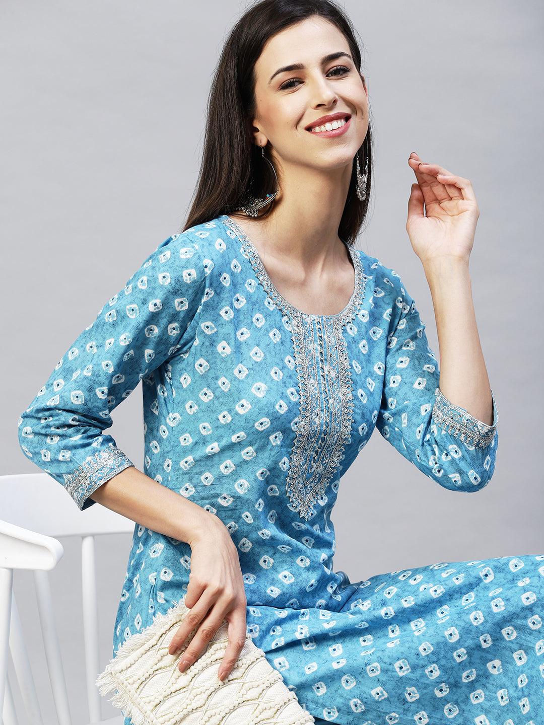 Ethnic Printed & Embroidered Straight Kurta with Pants - Light Blue - Indiakreations