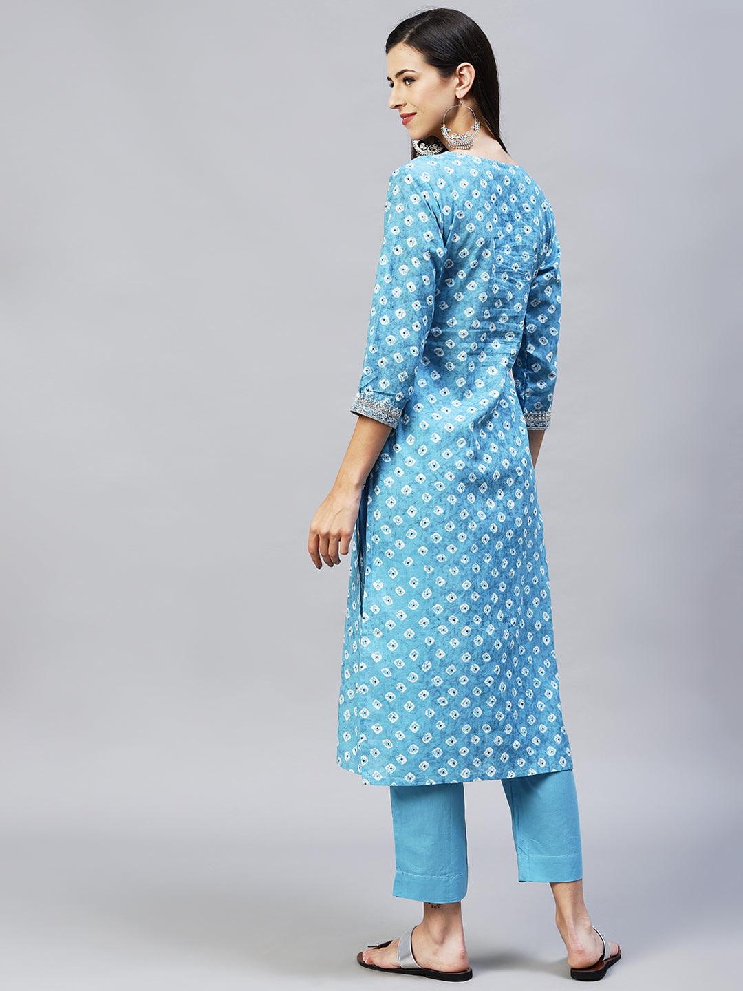 Ethnic Printed & Embroidered Straight Kurta with Pants - Light Blue - Indiakreations