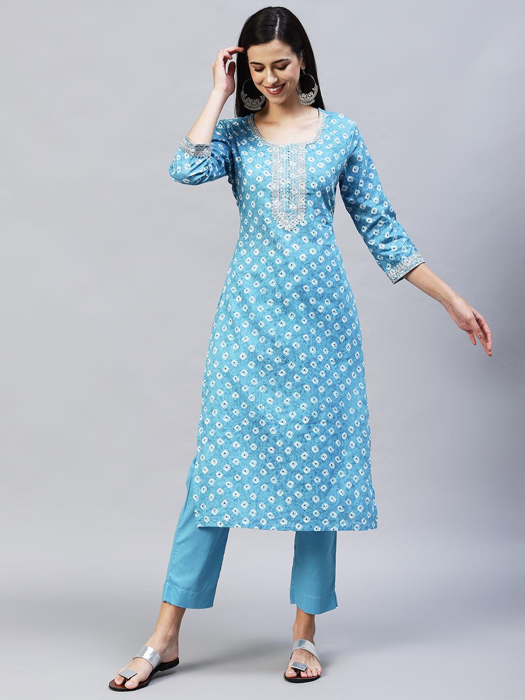 Ethnic Printed & Embroidered Straight Kurta with Pants - Light Blue - Indiakreations