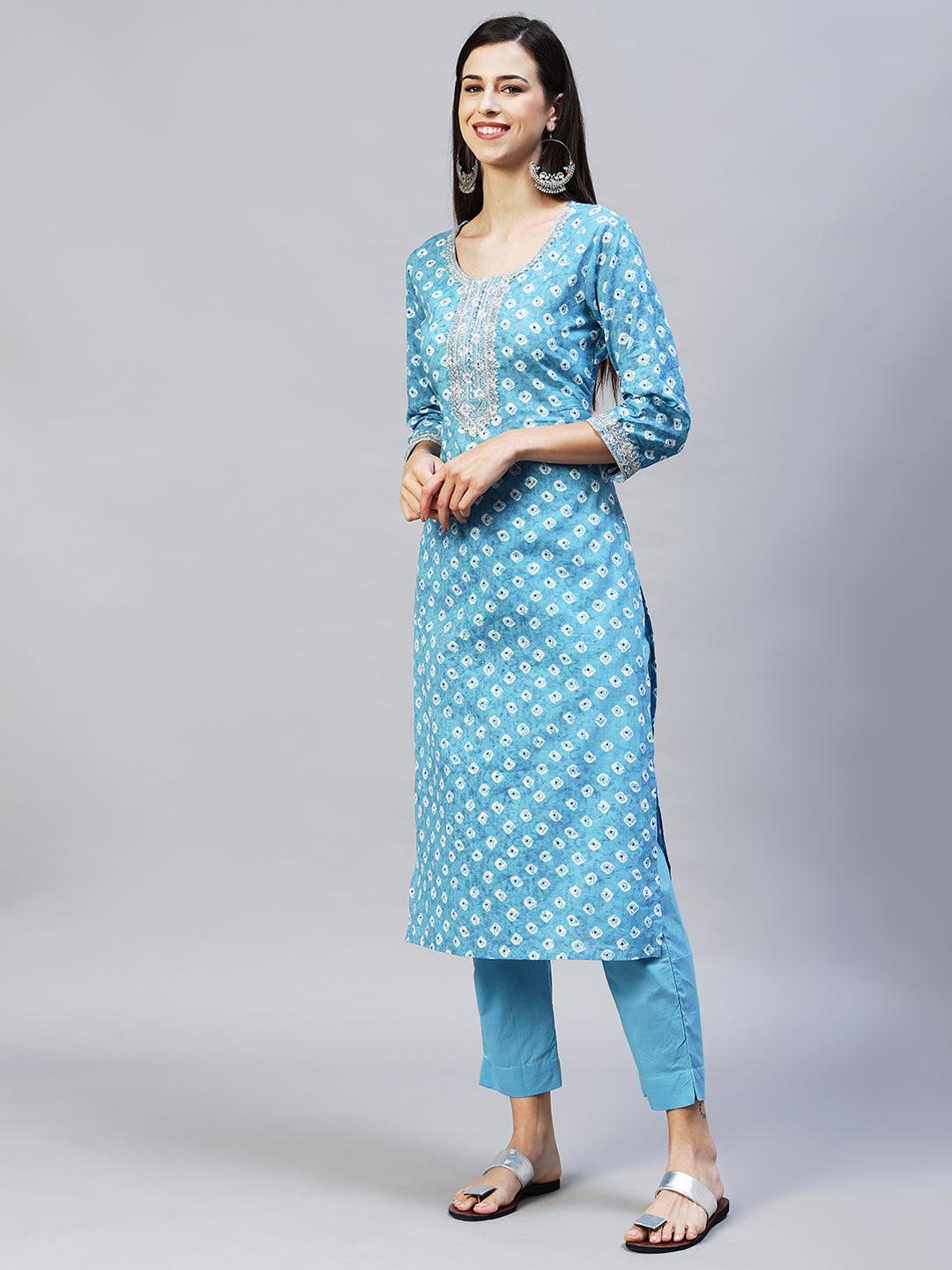 Ethnic Printed & Embroidered Straight Kurta with Pants - Light Blue - Indiakreations