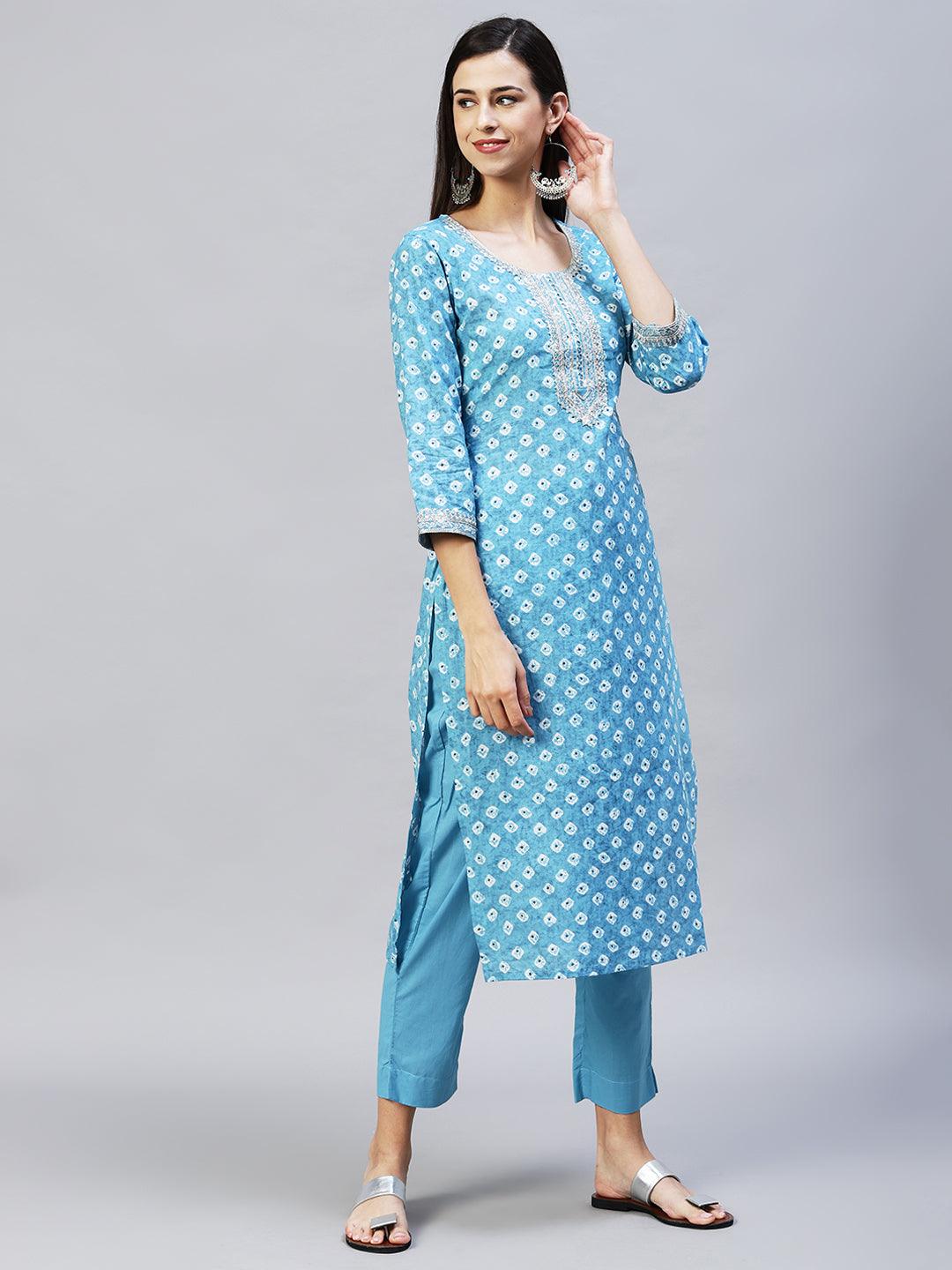 Ethnic Printed & Embroidered Straight Kurta with Pants - Light Blue - Indiakreations