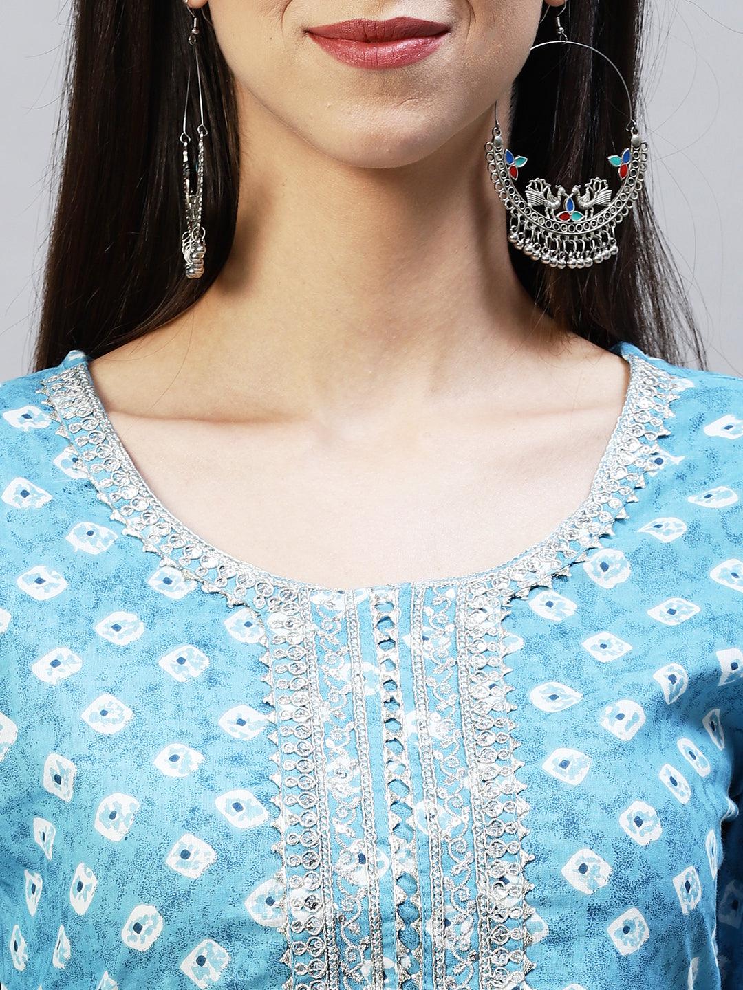 Ethnic Printed & Embroidered Straight Kurta with Pants - Light Blue - Indiakreations