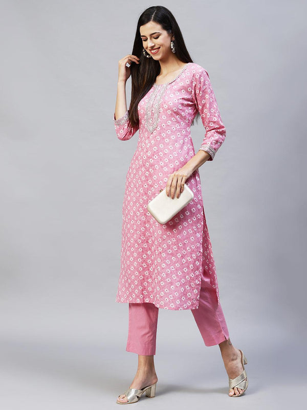 Ethnic Printed & Embroidered Straight Kurta with Pants - Pink - Indiakreations