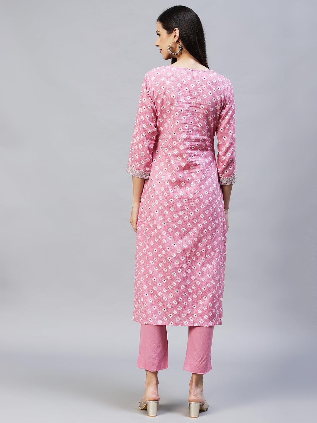 Ethnic Printed & Embroidered Straight Kurta with Pants - Pink - Indiakreations