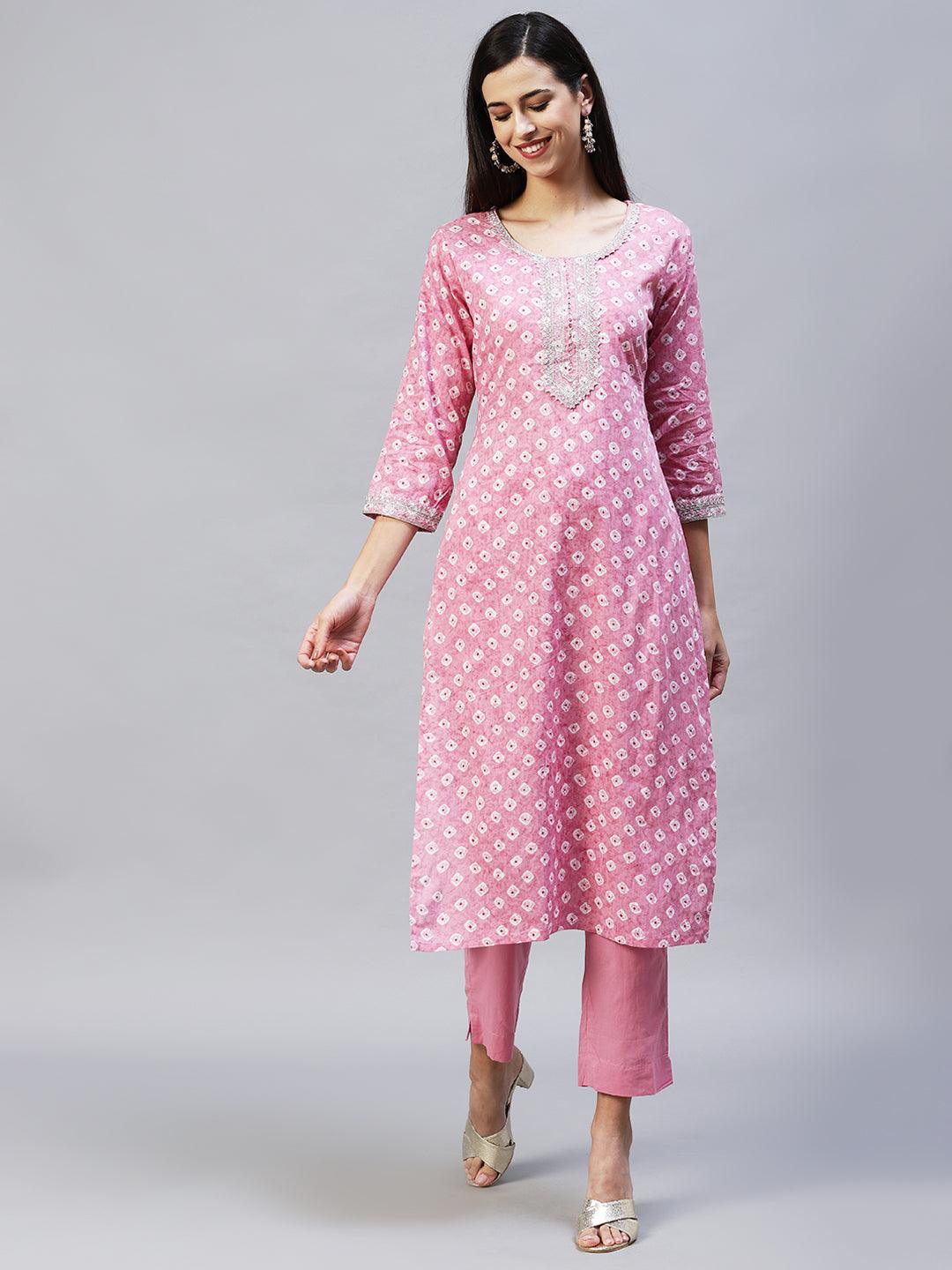 Ethnic Printed & Embroidered Straight Kurta with Pants - Pink - Indiakreations