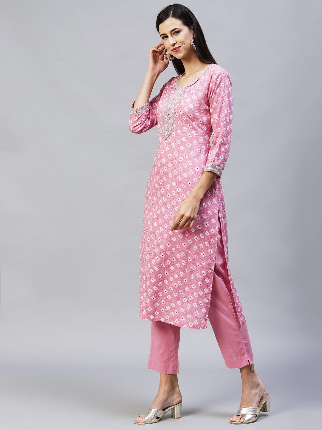 Ethnic Printed & Embroidered Straight Kurta with Pants - Pink - Indiakreations