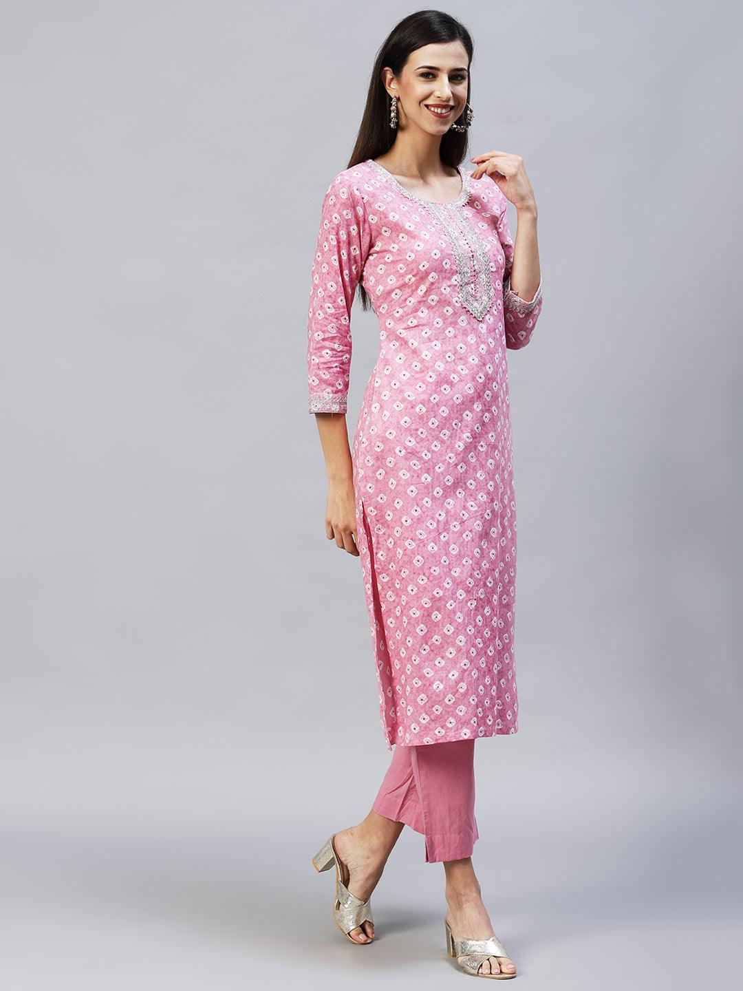 Ethnic Printed & Embroidered Straight Kurta with Pants - Pink - Indiakreations