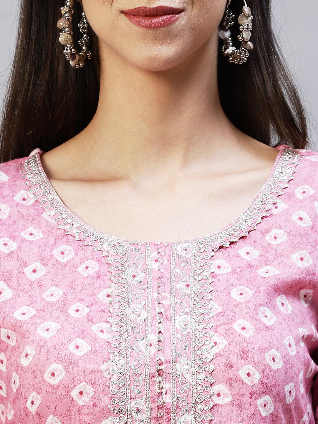 Ethnic Printed & Embroidered Straight Kurta with Pants - Pink - Indiakreations