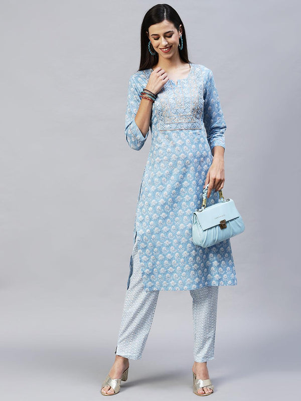 Floral Printed & Embroidered Straight Kurta with Pants - Light Blue - Indiakreations