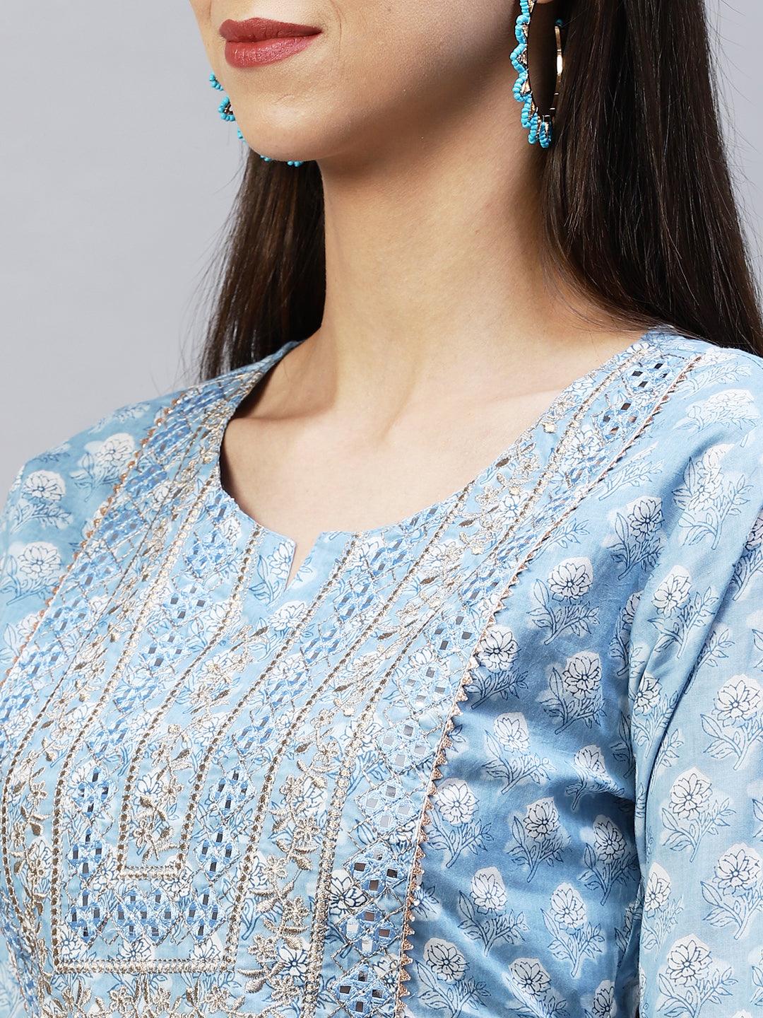 Floral Printed & Embroidered Straight Kurta with Pants - Light Blue - Indiakreations