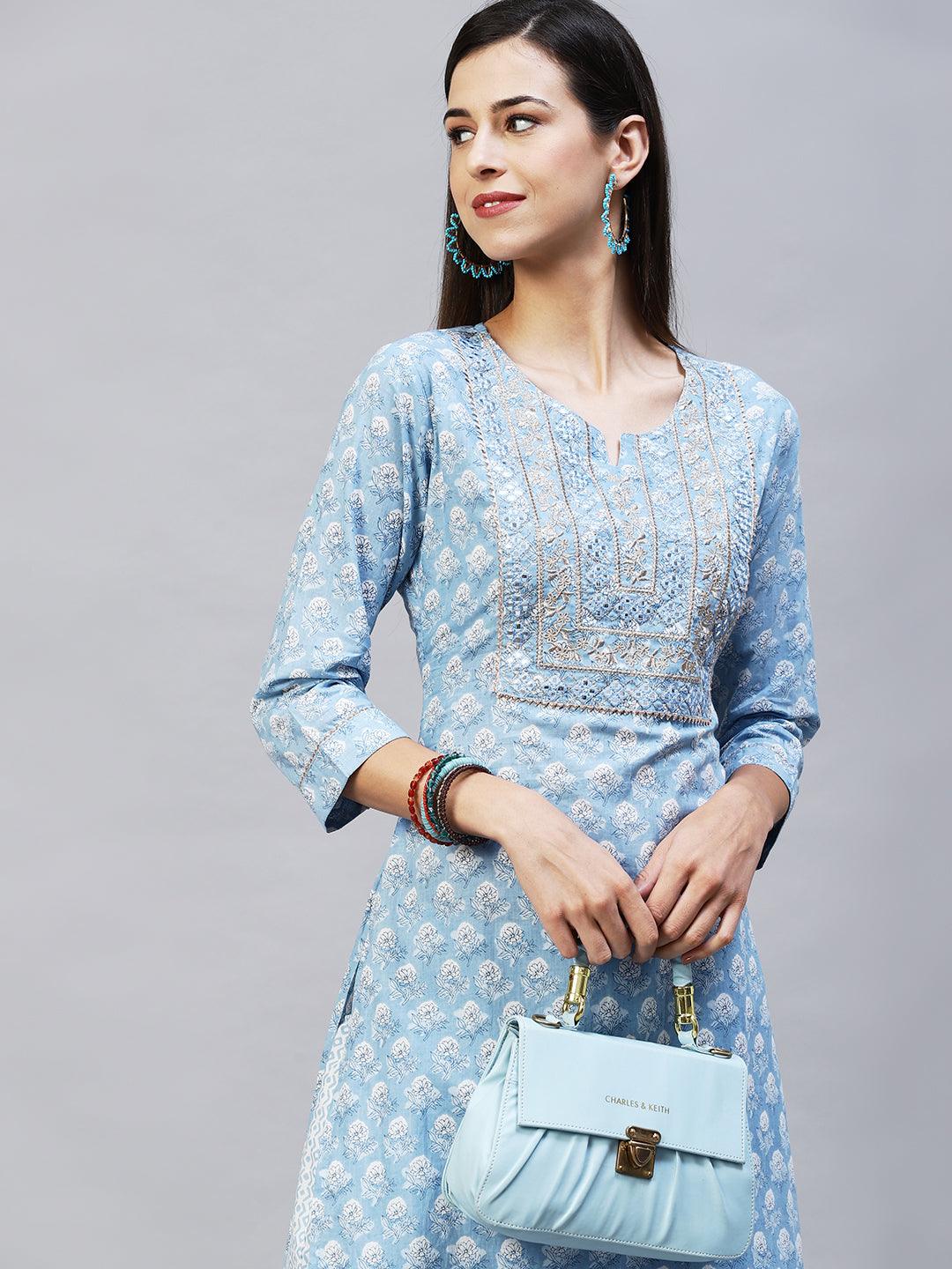 Floral Printed & Embroidered Straight Kurta with Pants - Light Blue - Indiakreations