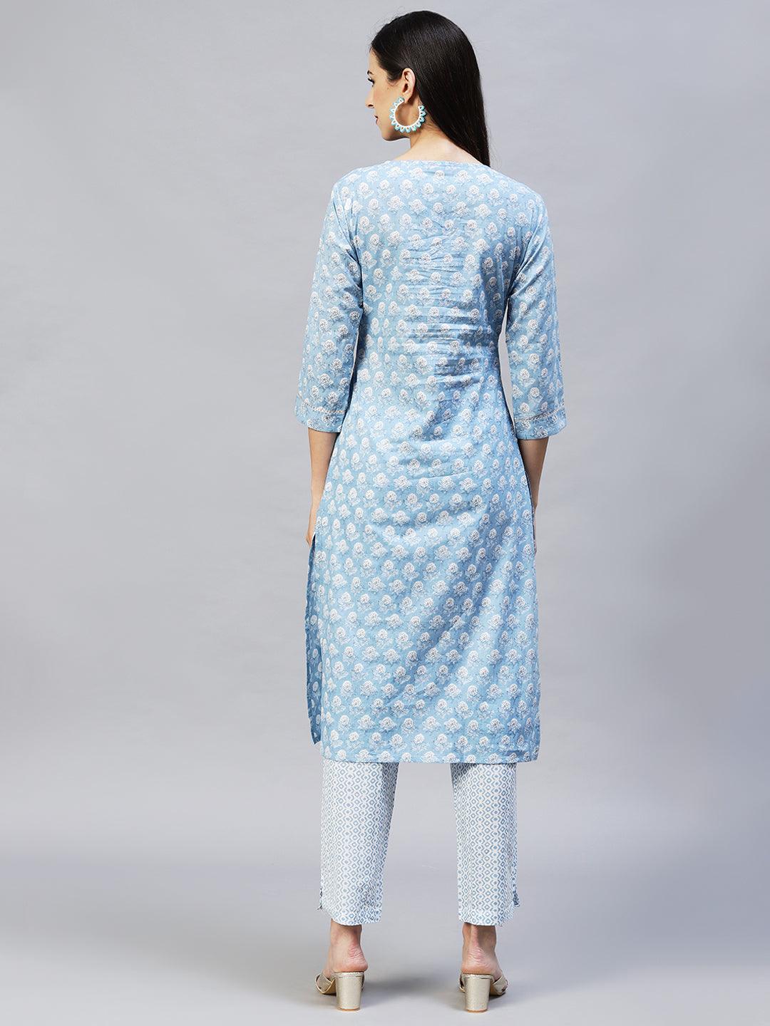 Floral Printed & Embroidered Straight Kurta with Pants - Light Blue - Indiakreations