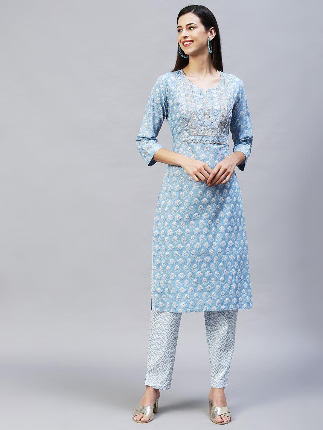 Floral Printed & Embroidered Straight Kurta with Pants - Light Blue - Indiakreations