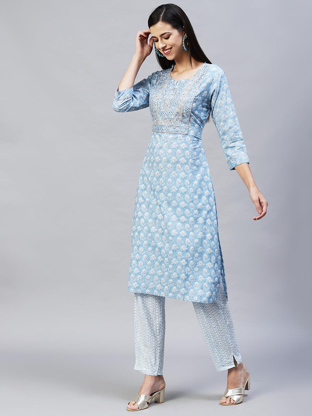 Floral Printed & Embroidered Straight Kurta with Pants - Light Blue - Indiakreations