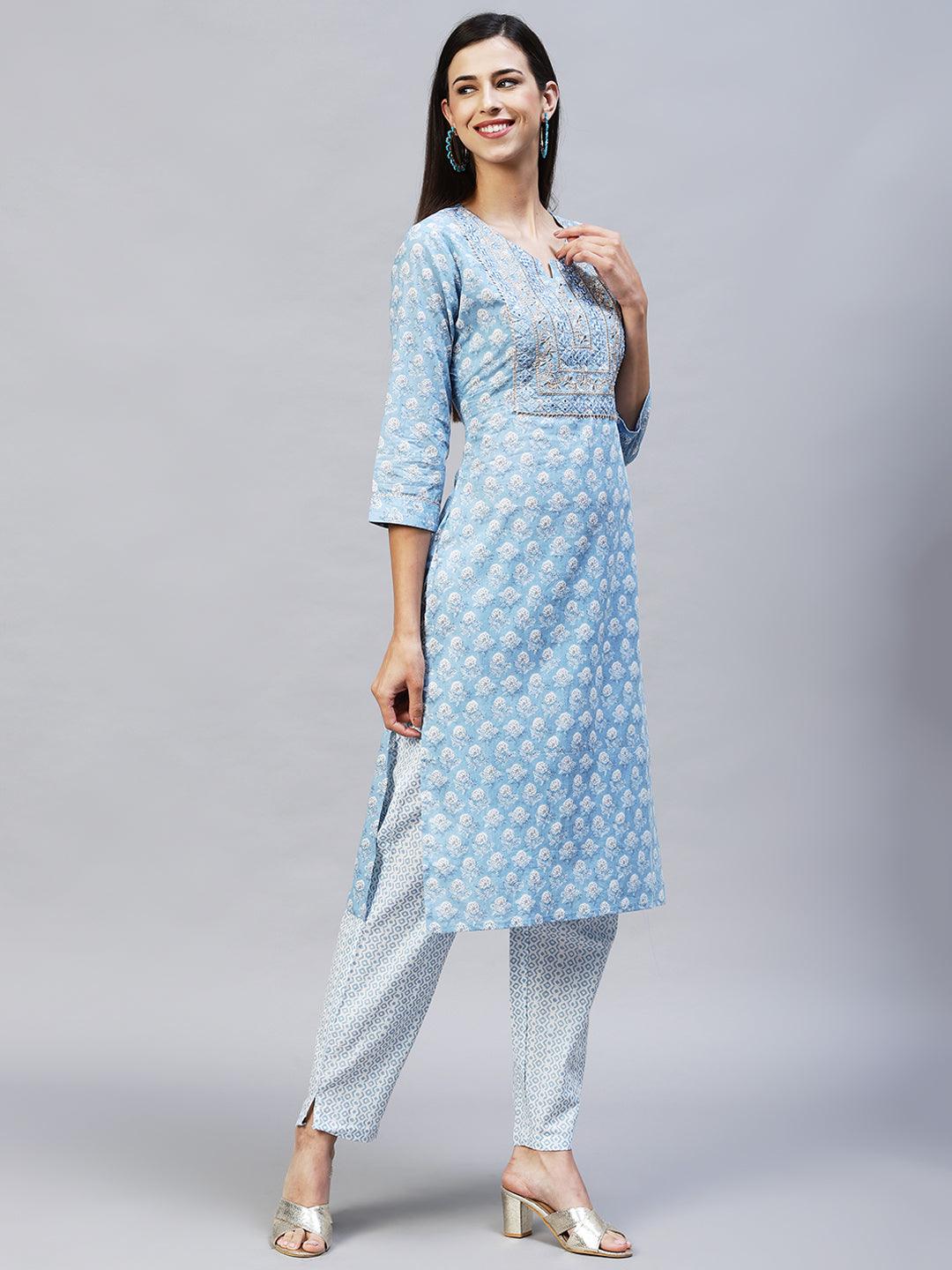 Floral Printed & Embroidered Straight Kurta with Pants - Light Blue - Indiakreations