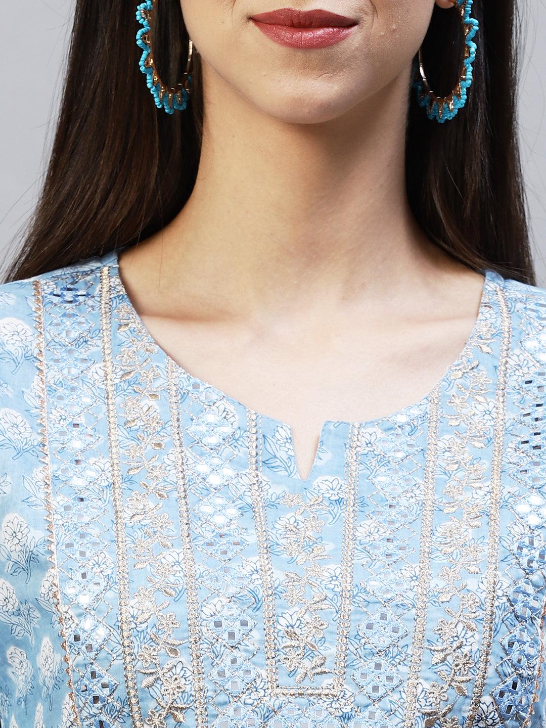 Floral Printed & Embroidered Straight Kurta with Pants - Light Blue - Indiakreations