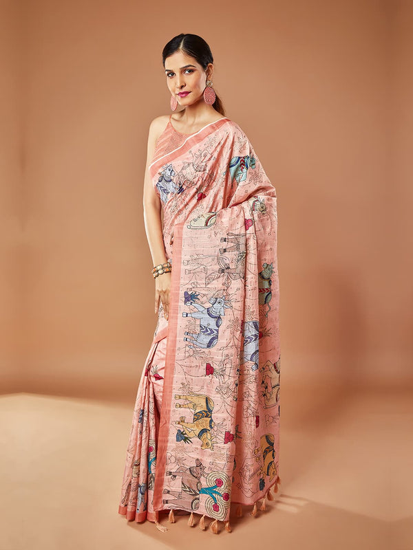 Beautiful Floral Printed Peach Dupain Saree