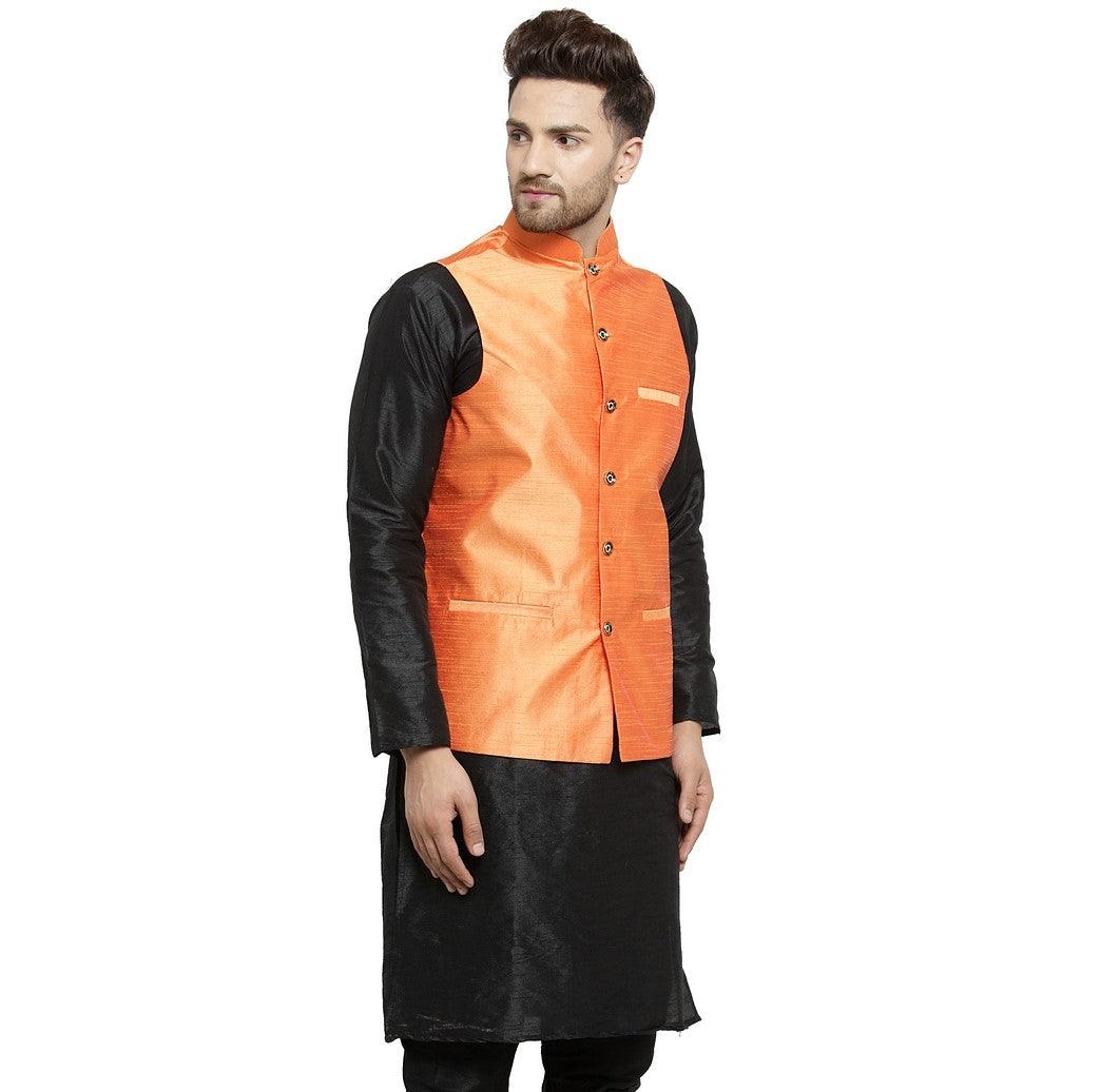 Men's Orange Solid Nehru Jacket - Benstoke - Indiakreations