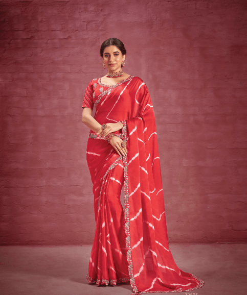 Gorgeous Trendy Satin Silk Georgette Designer Saree In Red - Indiakreations