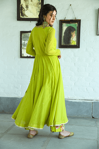 Bhanvara Neon Green Anarkali with printed palazzo and dupatta - Set of 3 - RTS - Indiakreations