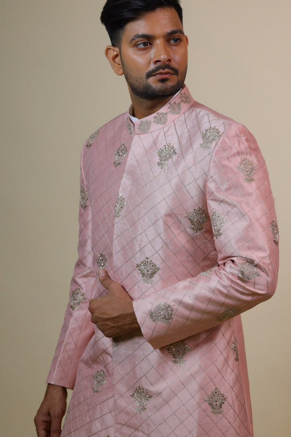 Men's Light Coral Embroidered Designer Sherwani - HILO DESIGN