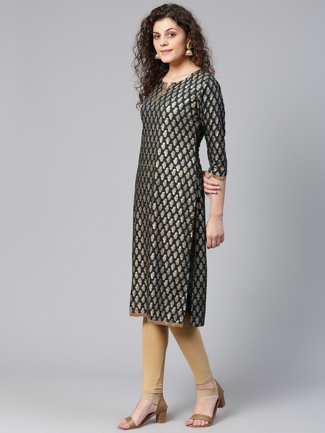 Women's Teal Green & Golden Gotta Patti Ethnic Printed Straight Kurta - Meeranshi - Indiakreations