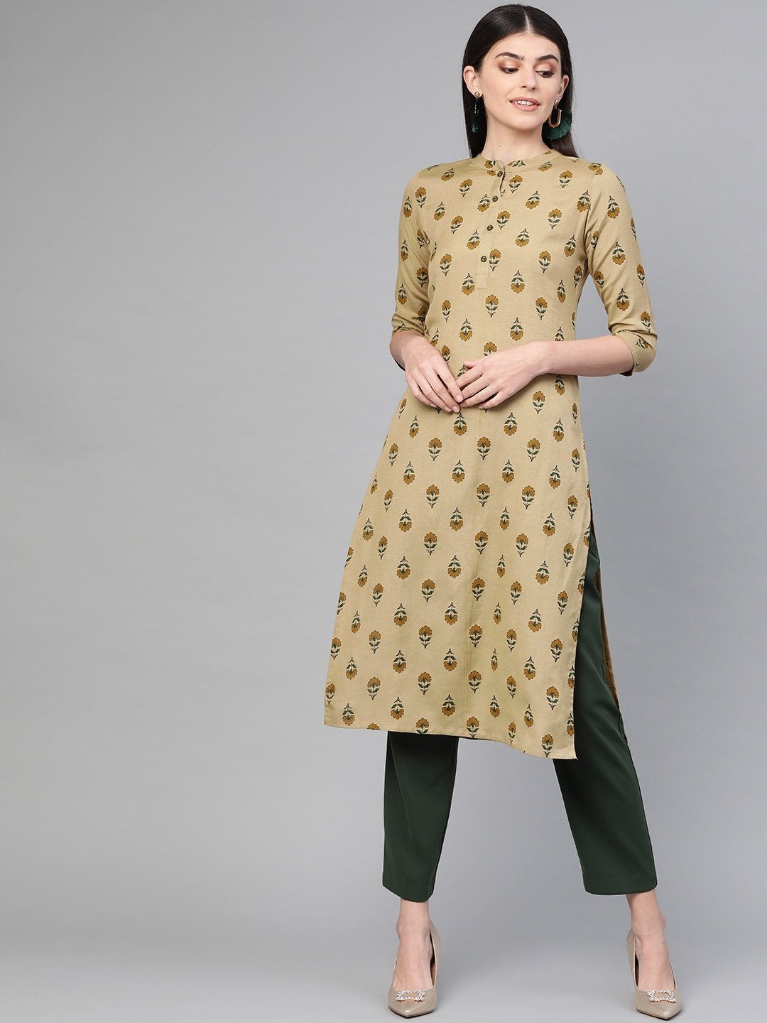 Women's Beige & Green Straight Kurta - Yufta